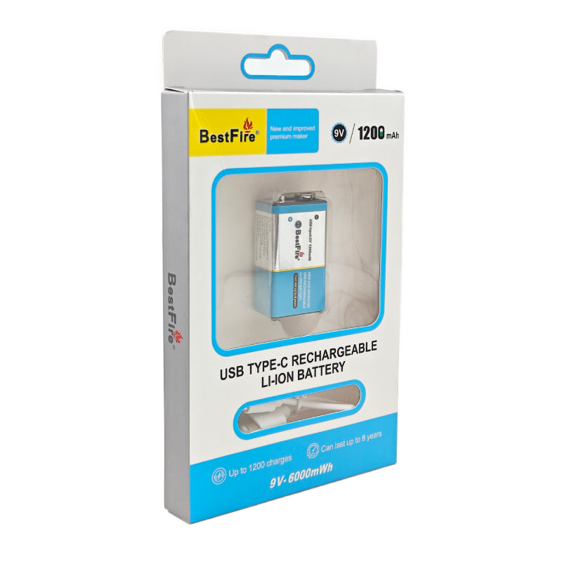 BestFire 9V 1200mAh USB Type-C Rechargeable Li-ion Battery - 6000mWh