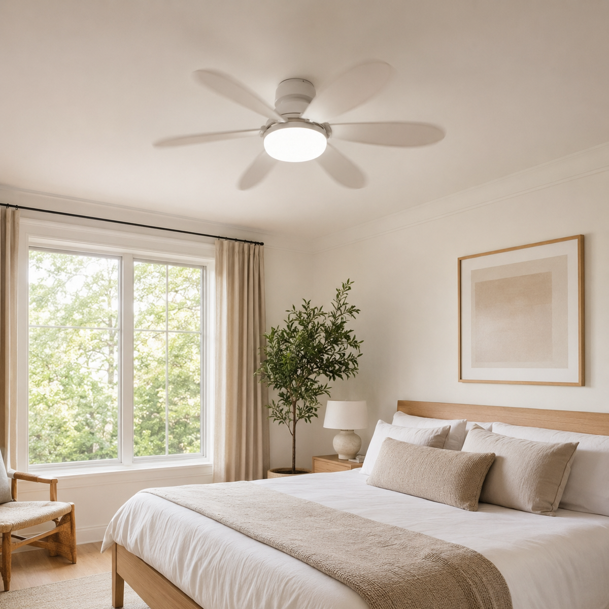 White ceiling fan with integrated light in a bright small bedroom