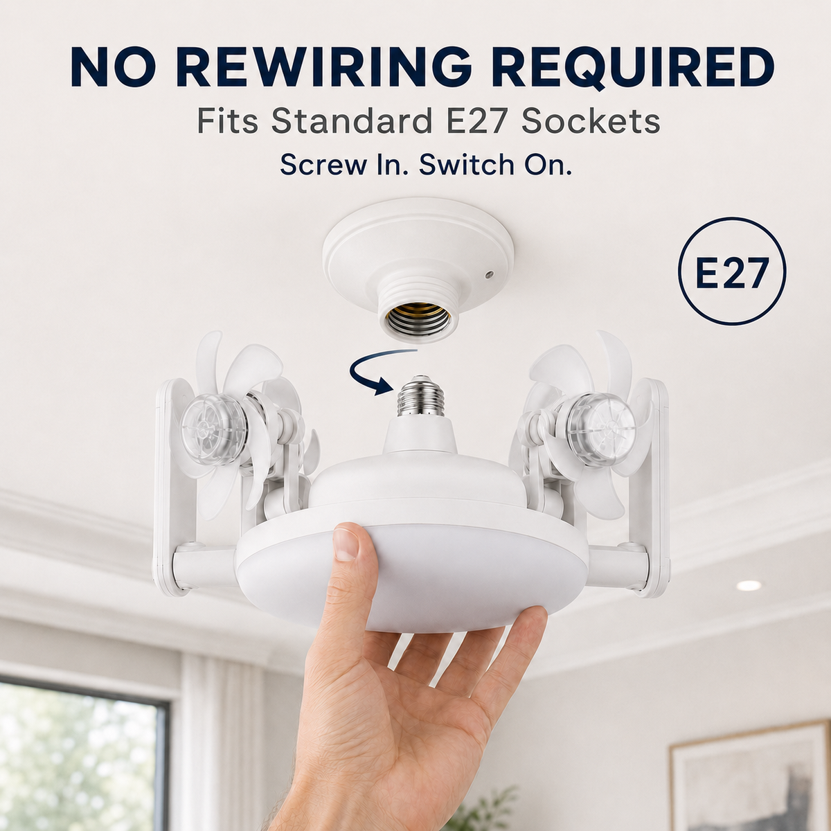 E27 screw-in ceiling fan light installation in a compatible ceiling socket