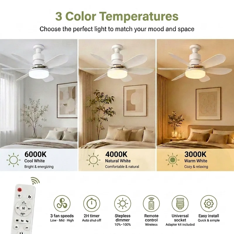 E27 ceiling fan light showing warm neutral and cool white bedroom lighting options