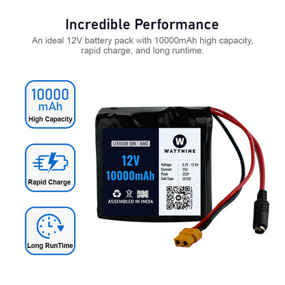 WATTNINE® 12V 10Ah Rechargeable Lithium Ion (NMC) Battery Pack with 3 year warranty for Agricultural, Industrial and Commercial Applications