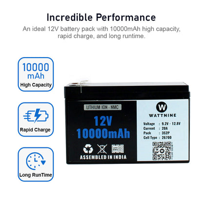 WATTNINE® 12V 10Ah Rechargeable Lithium Ion (NMC) Battery Pack with Warranty and Box for Agricultural, Industrial and Commercial Applications