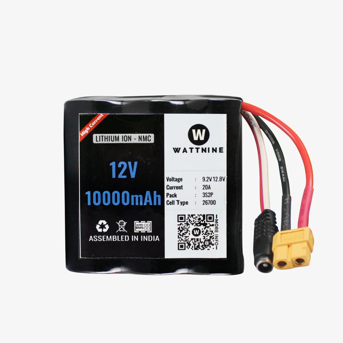 WATTNINE® 12V 10Ah Rechargeable Lithium Ion (NMC) Battery Pack with 3 year warranty for Agricultural, Industrial and Commercial Applications