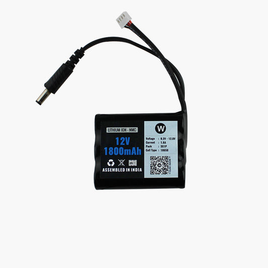 WATTNINE® 12V 1800mAh Rechargeable Lithium Battery Pack with Warranty (includes BMS & balance pin) for GPS, CCTV, Industrial and Commercial Application