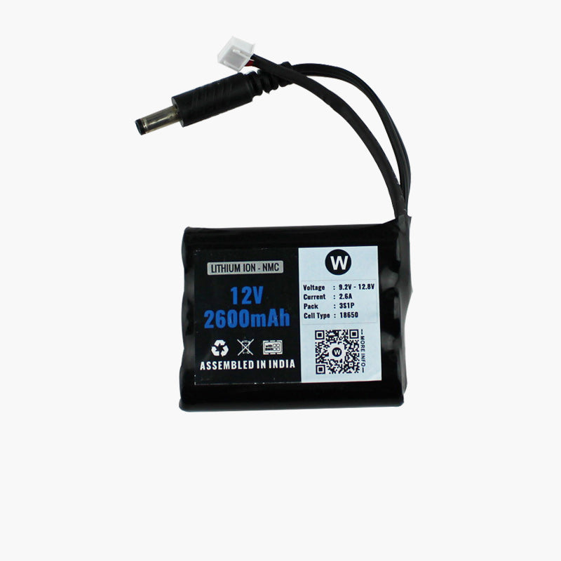 WATTNINE 12V 2600mAh Rechargeable Lithium Battery Pack with Warranty (includes BMS & balance pin) for GPS, CCTV, Industrial and Commercial Application