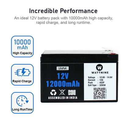 WATTNINE® 12.8V 12Ah Lithium (LiFePo4) Battery with 3 year Warranty