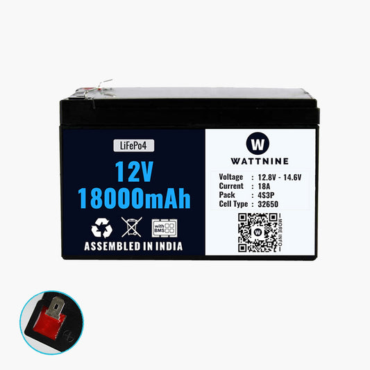 WATTNINE® 12V 18Ah Lithium Battery Pack - LiFePo4 Battery with 1 year Warranty