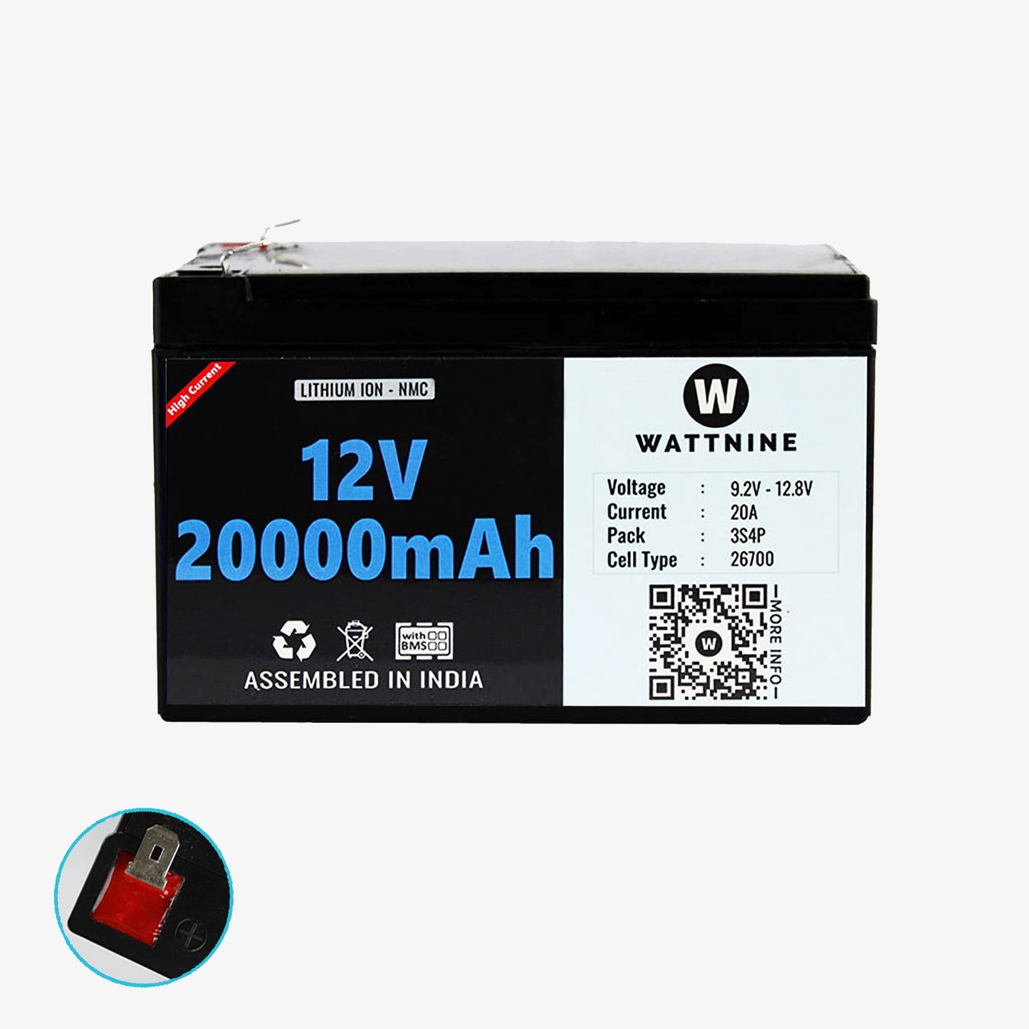 WATTNINE® 12V 20Ah Rechargeable Lithium Ion (NMC) Battery Pack with Warranty
