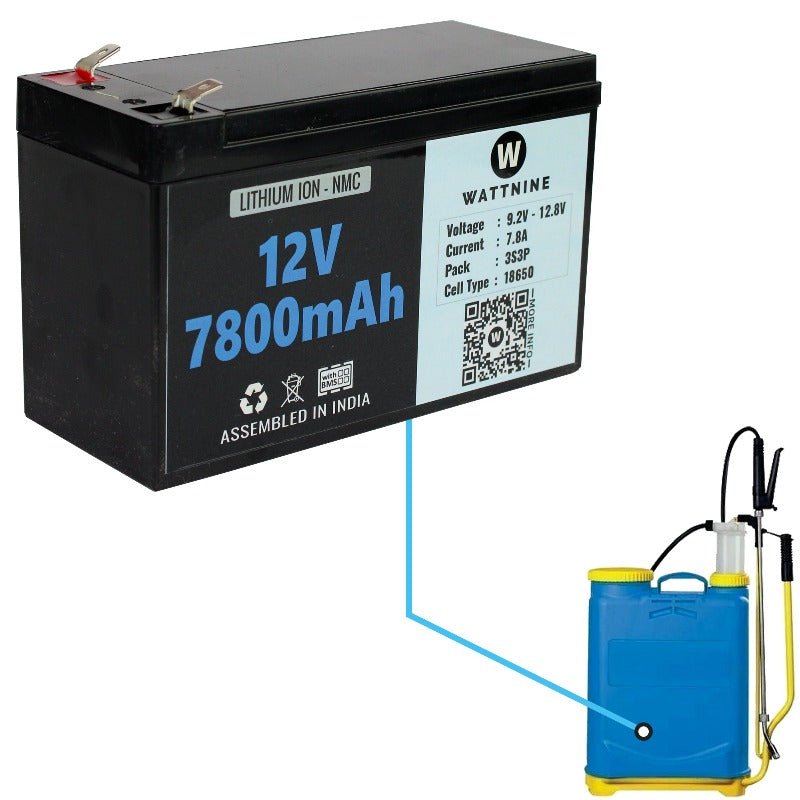 WATTNINE® 12V 8A Lithium ion Battery Pack for Battery Operated Agricultural Pesticide Spray Pump - 12v Battery for Spray Pump