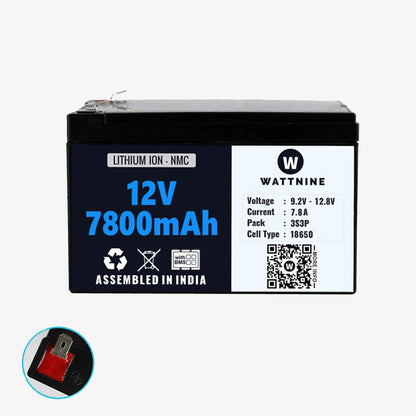 WATTNINE® 12V 7.8Ah Lithium (NMC) Battery with 3 year Warranty - Suitable for 8Ah and 7Ah Lead acid battery replacement