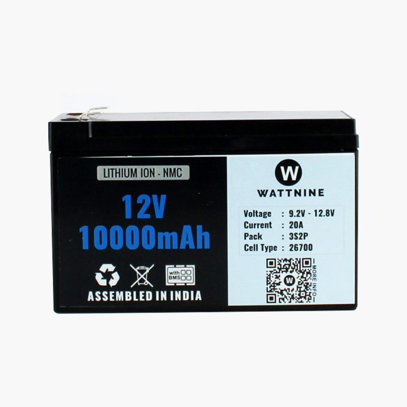 WATTNINE® 12V 10Ah Rechargeable Lithium Ion (NMC) Battery Pack with Warranty and Box for Agricultural, Industrial and Commercial Applications