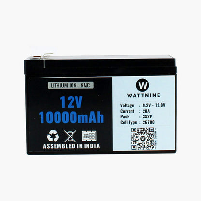 WATTNINE® 12V 10Ah Rechargeable Lithium Ion (NMC) Battery Pack with Warranty and Box for Agricultural, Industrial and Commercial Applications