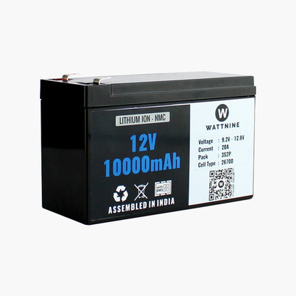 WATTNINE® 12V 10Ah Rechargeable Lithium Ion (NMC) Battery Pack with Warranty and Box for Agricultural, Industrial and Commercial Applications