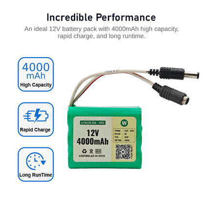 WATTNINE® 12V 4000mAh Rechargeable Lithium Battery with Warranty for GPS, CCTV, Industrial and Commercial Application