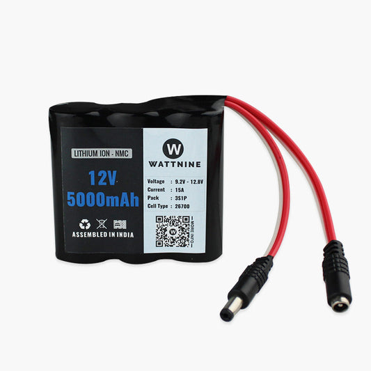 WATTNINE® 12V 5000mAh Lithium (NMC) Battery Pack with 3 year warranty - 3C High Current 26700 Cells with BMS