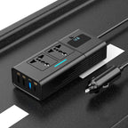 200W car power inverter in black with AC outlet, USB-A ports, USB-C PD and LED voltage display