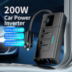 200W vehicle power inverter front panel with AC outlet and fast-charging USB ports