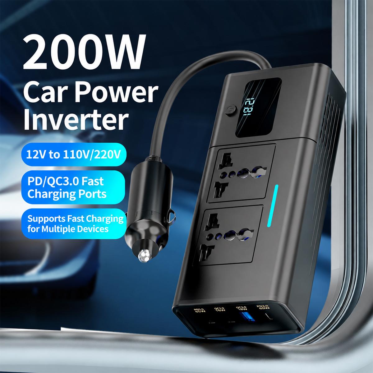 200W vehicle power inverter front panel with AC outlet and fast-charging USB ports