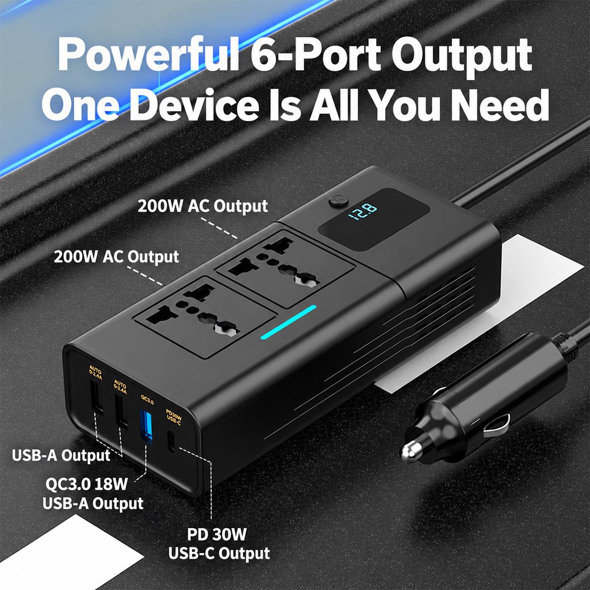 Compact 200W car inverter powering a laptop and mobile devices during travel