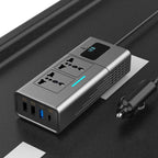 200W car power inverter in gray with AC outlet, USB-A ports, USB-C PD and LED voltage display