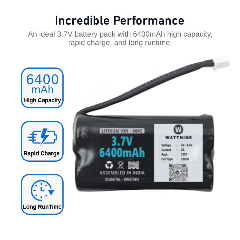 WATTNINE® 3.7V 6400mAh Rechargeable Lithium Battery Pack with 1 Year Warranty for GPS, CCTV, Industrial and Commercial Application