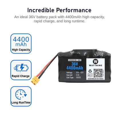WATTNINE® 36V 4400mAh Rechargeable Lithium Battery with Warranty for Hoverboard, Segway, Industrial and Commercial Application