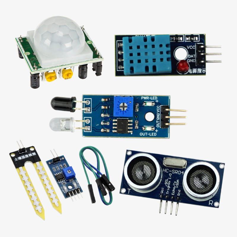 5 in 1 Arduino Sensor Kit - Ultrasonic, PIR, IR Proximity, DHT11 and Soil Moisture Sensors