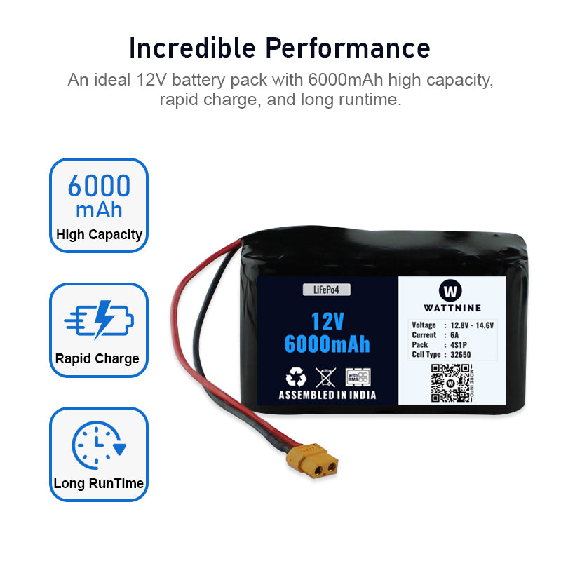 WATTNINE® 12.8V 6Ah Lithium Battery Pack - LiFePo4 Battery with 3 year Warranty