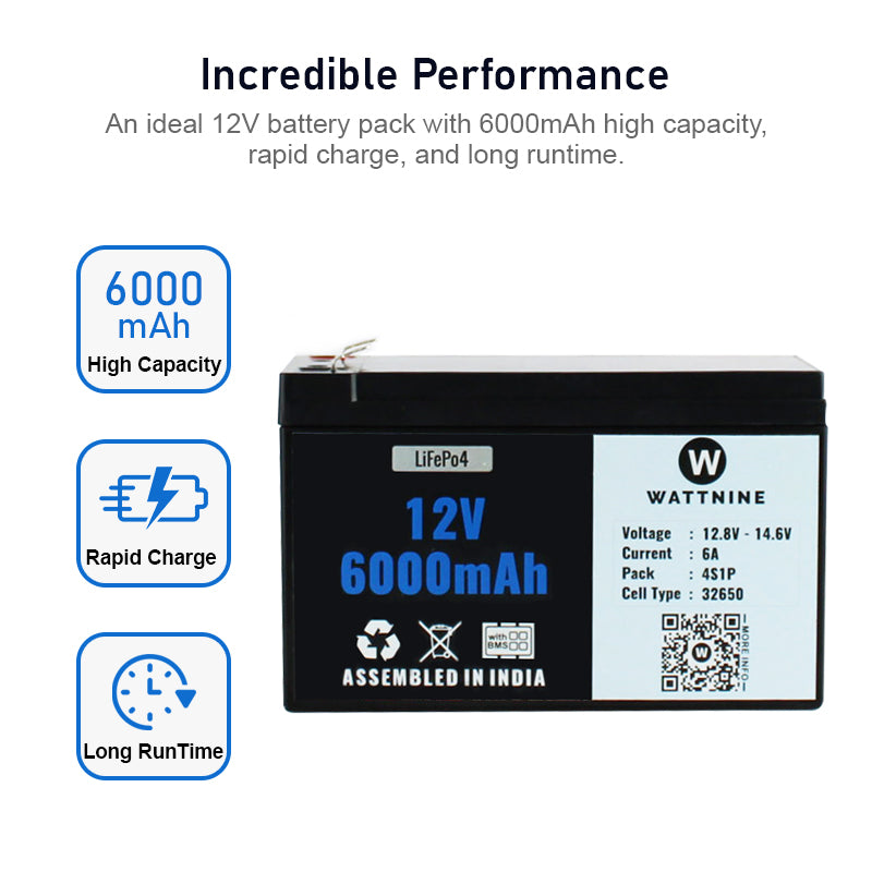 WATTNINE® 12.8V 6Ah Lithium(LiFePo4) Battery Pack with 3 Year Warranty