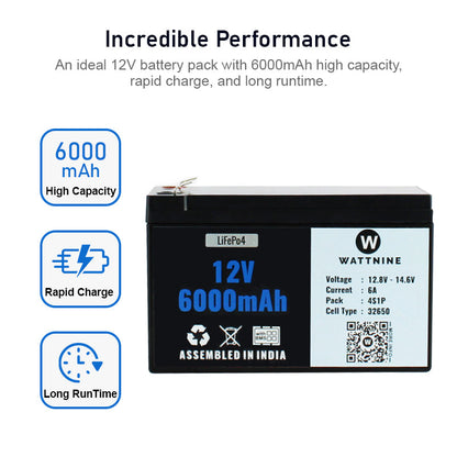 WATTNINE® 12.8V 6Ah Lithium(LiFePo4) Battery Pack with 3 Year Warranty