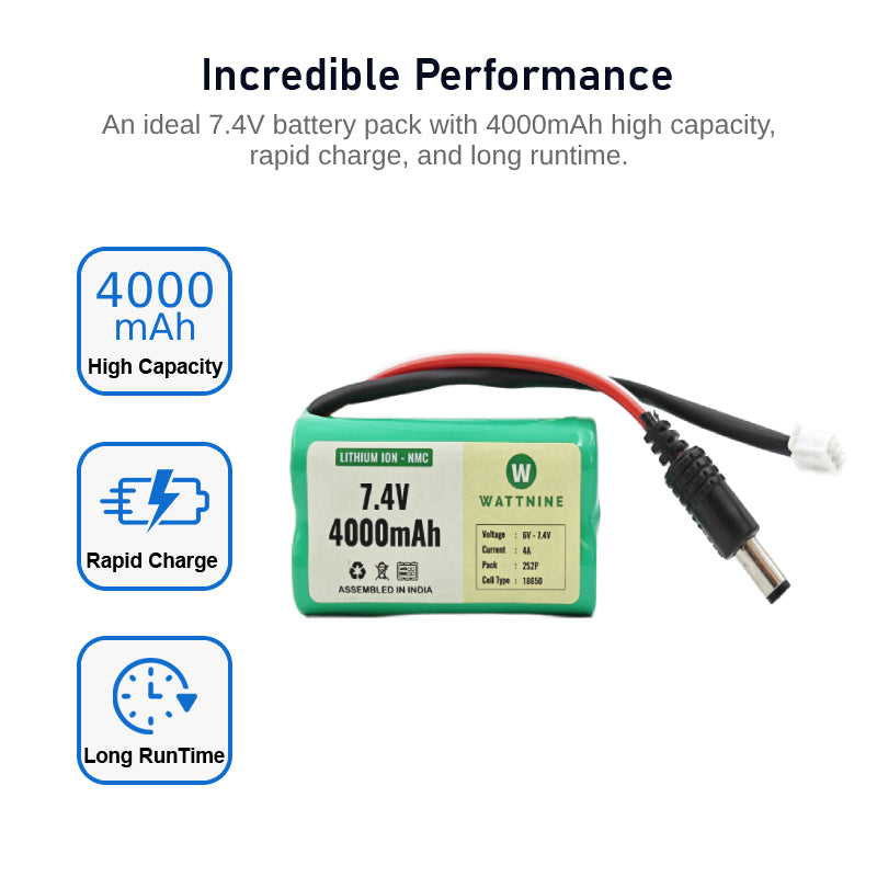 WATTNINE® 7.4V 4000mAh Rechargeable Lithium Battery Pack with Warranty