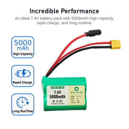 WATTNINE® 7.4V 5000mAh Rechargeable Lithium Battery with Warranty for GPS, CCTV, Industrial and Commercial Application