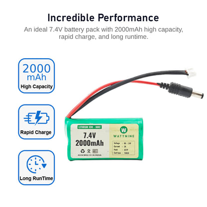 WATTNINE® 7.4V 2000mAh Rechargeable Lithium Battery Pack with Warranty for GPS, CCTV, Industrial and Commercial Application