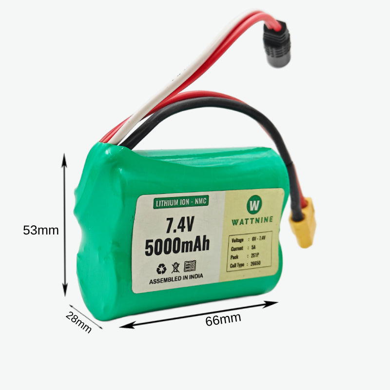 WATTNINE® 7.4V 5000mAh Rechargeable Lithium Battery with Warranty for GPS, CCTV, Industrial and Commercial Application