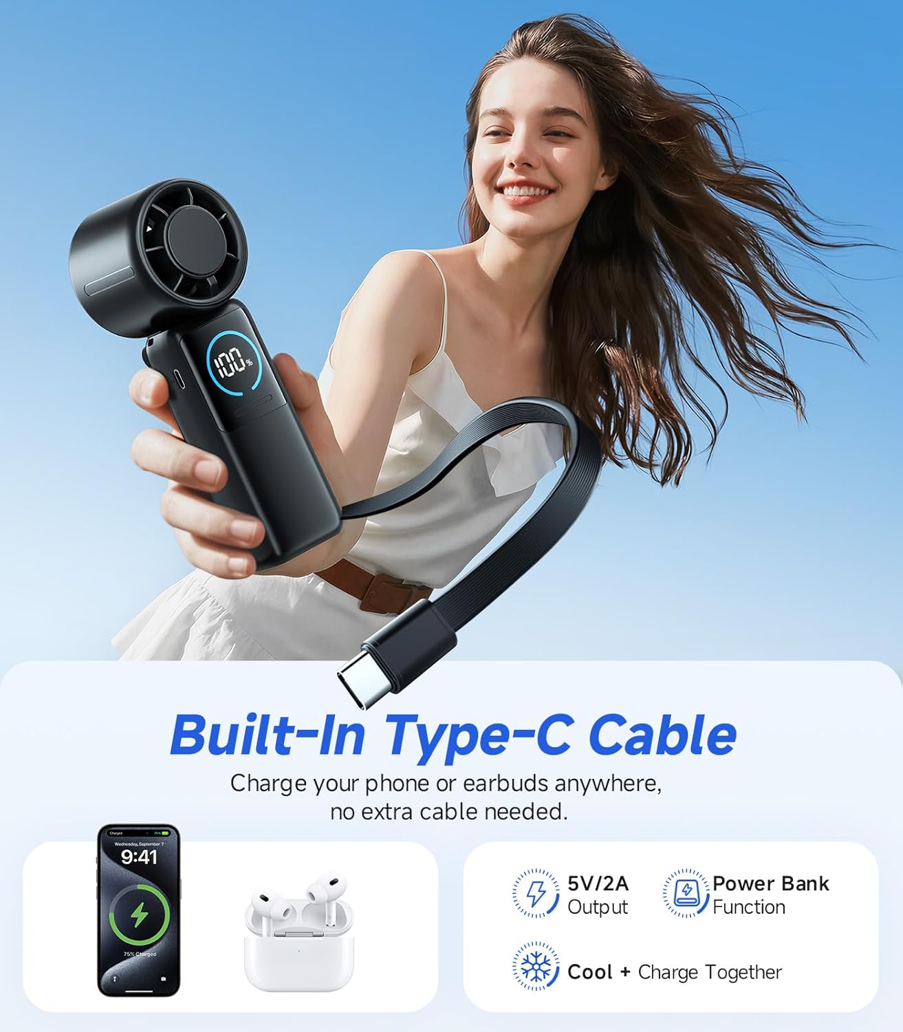 Turbo Handheld Portable Fan, 15000mAh Rechargeable Personal Fan