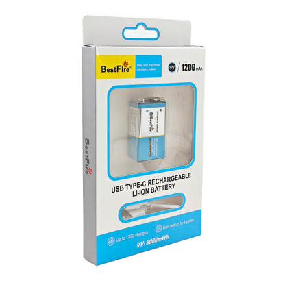 BestFire 9V 1200mAh USB Type-C Rechargeable Li-ion Battery - 6000mWh
