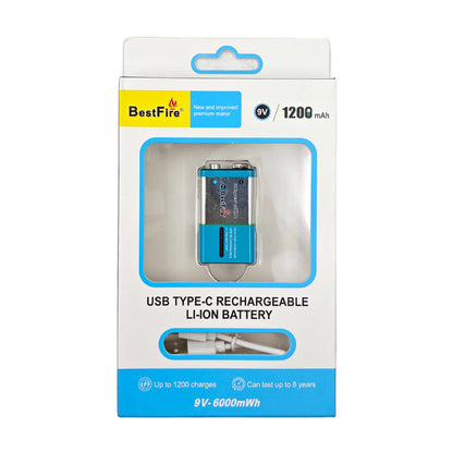 BestFire 9V 1200mAh USB Type-C Rechargeable Li-ion Battery - 6000mWh