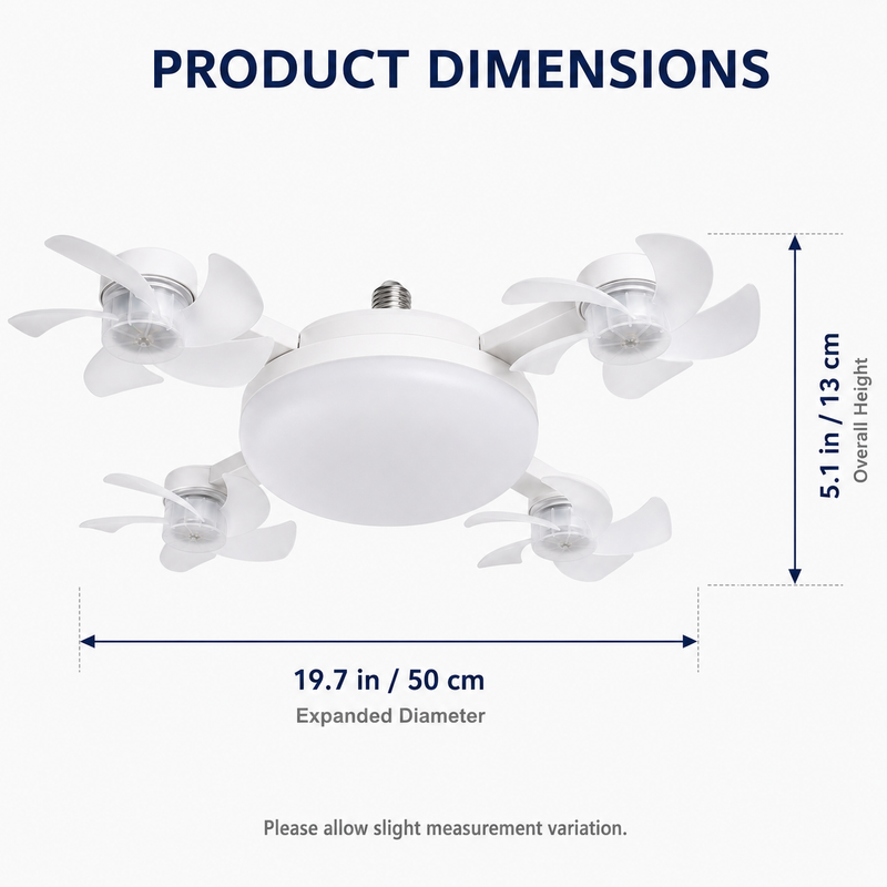 Four-head ceiling fan light dimensions showing 19.7-inch diameter and 5.1-inch height