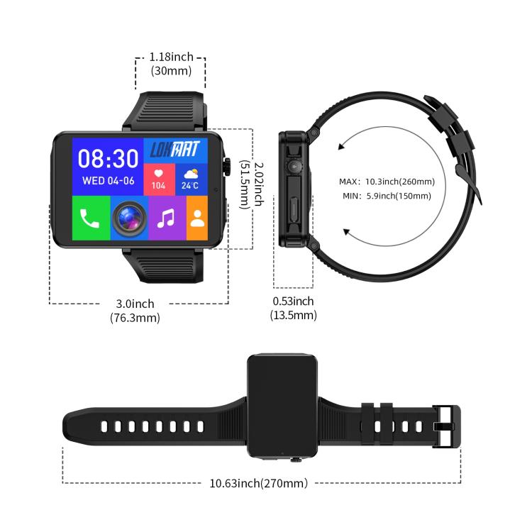 LOKMAT APPLLP 9 MAX 4G Smart Watch, 2.8 inch MTK6769 Octa Core, Android 15, Heart Rate, Blood Oxygen, OTG, GPS, 4GB+64GB