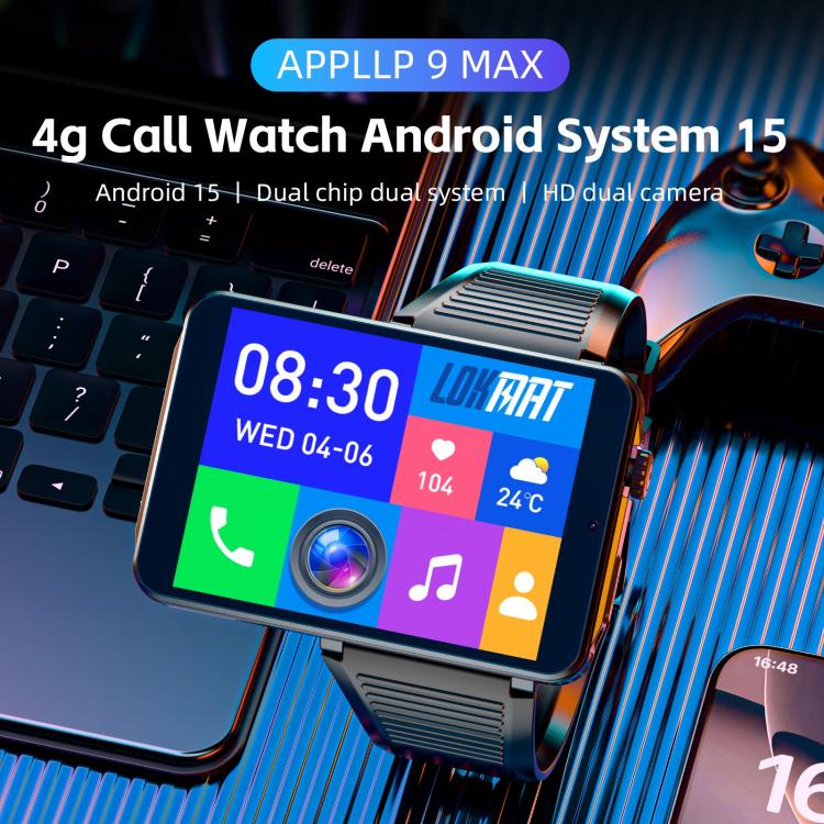 LOKMAT APPLLP 9 MAX 4G Smart Watch, 2.8 inch MTK6769 Octa Core, Android 15, Heart Rate, Blood Oxygen, OTG, GPS, 4GB+64GB