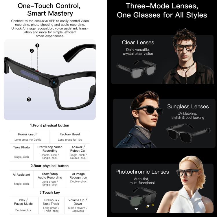 M10A AI Smart Glasses with 20MP Camera, HeyCyan App, AI Translation, Video Recording, Voice Assistant, Transparent Lens, Sunglasses, Photochromic