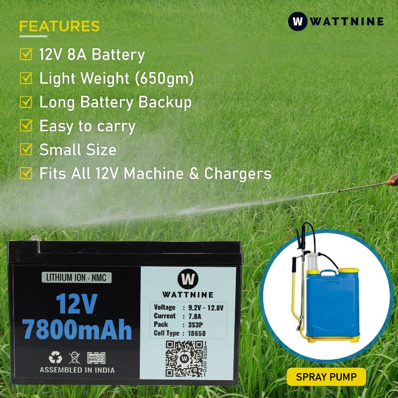 WATTNINE® 12V 8A Lithium ion Battery Pack for Battery Operated Agricultural Pesticide Spray Pump - 12v Battery for Spray Pump