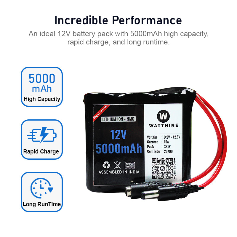 WATTNINE® 12V 5000mAh Lithium (NMC) Battery Pack with 3 year warranty - 3C High Current 26700 Cells with BMS