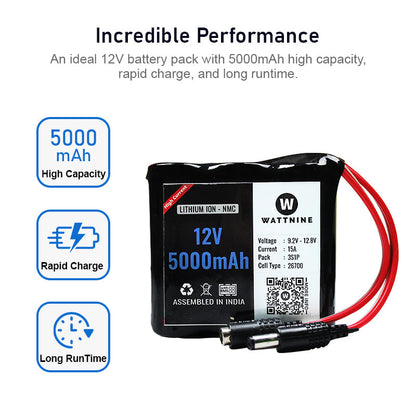 WATTNINE® 12V 5000mAh Lithium (NMC) Battery Pack with 3 year warranty - 3C High Current 26700 Cells with BMS