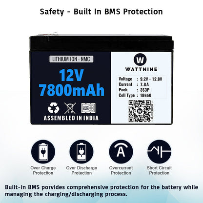 WATTNINE® 12V 7.8Ah Lithium (NMC) Battery with 3 year Warranty - Suitable for 8Ah and 7Ah Lead acid battery replacement