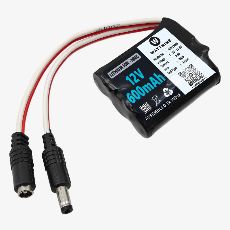 WATTNINE® 12V 600mAh Rechargeable Lithium Battery Pack with Warranty
