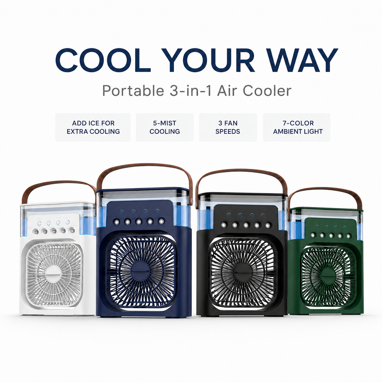 Portable Evaporative Air Cooler & Mist Fan – 5 Nozzles, Ice-Ready Tank, 7-Color LED & USB-C
