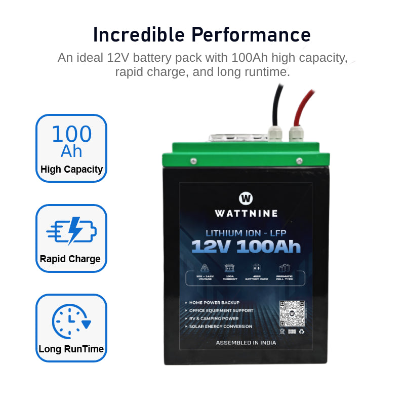 WATTNINE® 12V 100Ah Lithium LiFePO4 Battery Pack Prismatic Cell for Solar or Inverter
