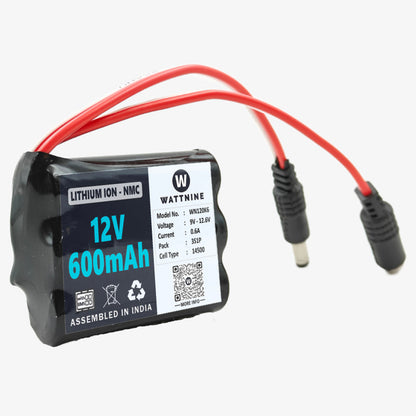 WATTNINE® 12V 600mAh Rechargeable Lithium Battery Pack with Warranty