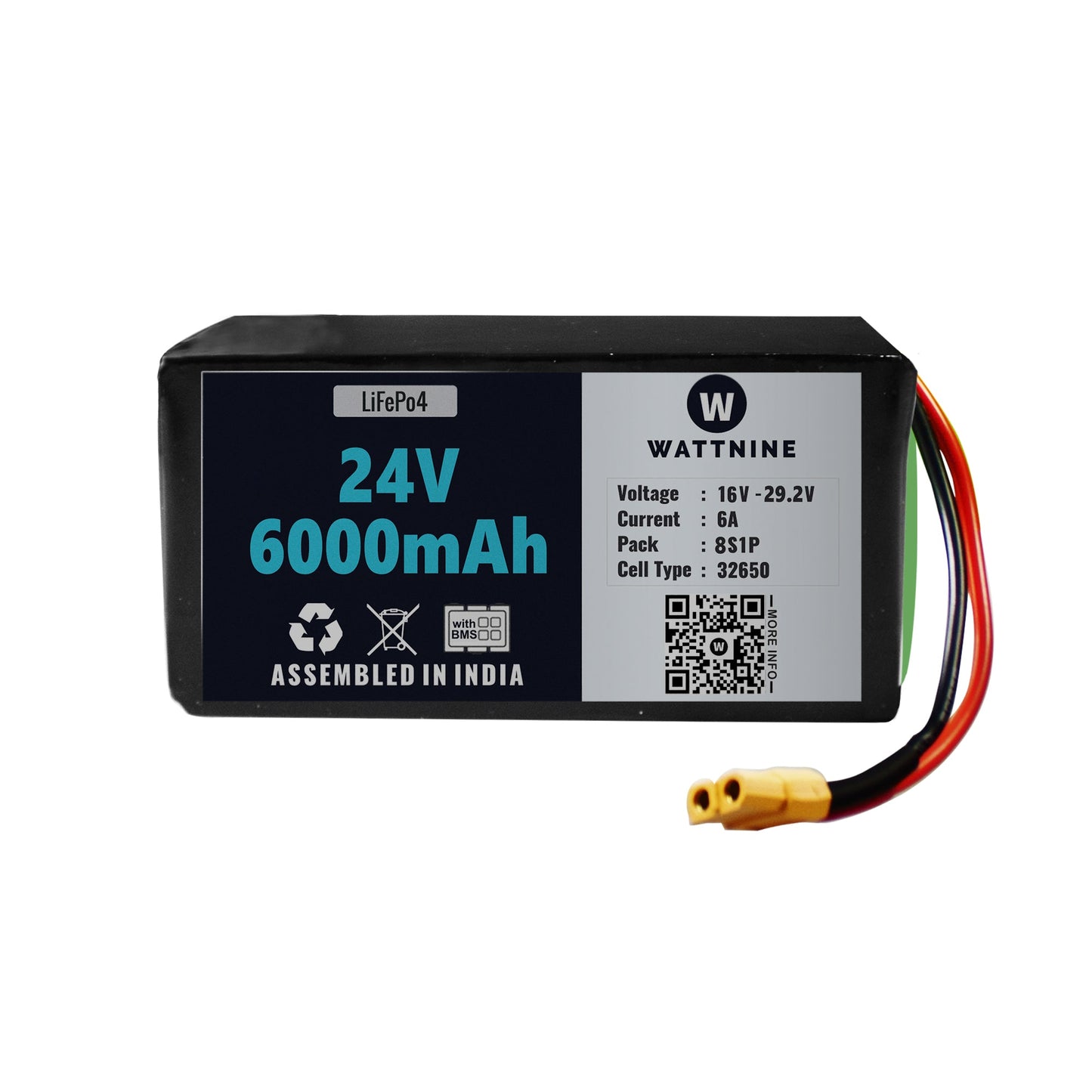 WATTNINE® 24V 6Ah LiFePo4 Battery Pack with 3 Year Warranty
